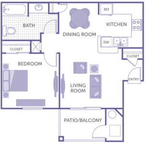 1 bed 1 bath floor plan, kitchen and dining room, living room, patio/balcony, 2 closets