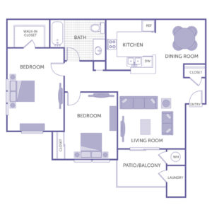 2 bed 1 bath floor plan, kitchen and dining room, living room, patio/balcony, 3 closets, washer and dryer in unit